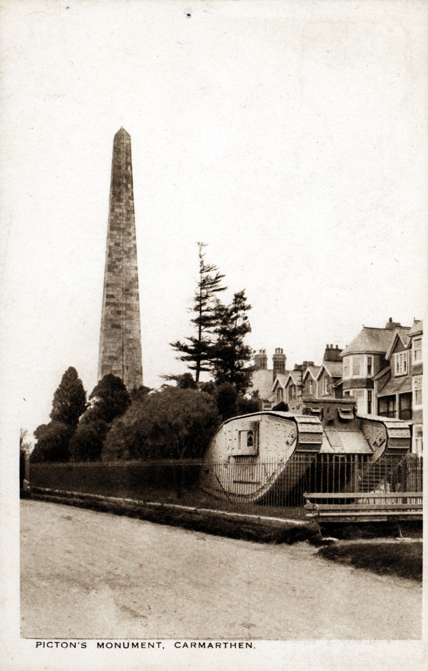 Black and white photograph/ postcard of the tank situated beneath Picton's monument, Carmarthen.