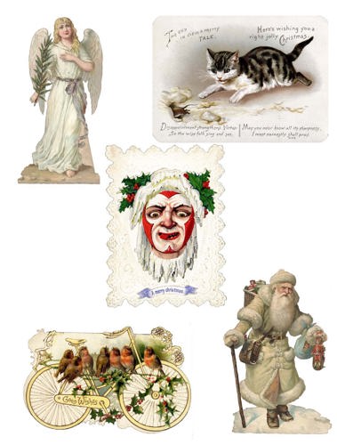 A sample of some of the Victorian Christmas cards including; an angel, a cat chasing a mouse, 'Jack Frost', robins on a bicycle, and a traditional Father Christmas in white.