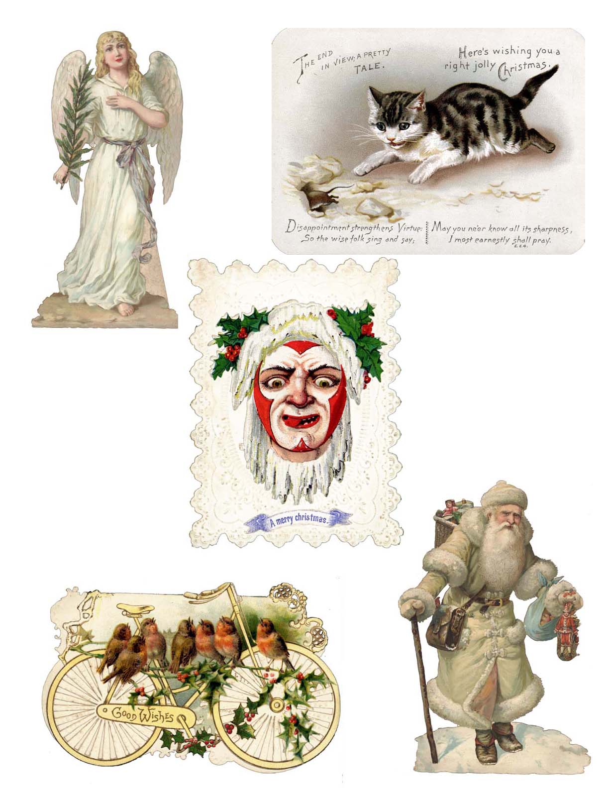 A sample of some of the Victorian Christmas cards including; an angel, a cat chasing a mouse, 'Jack Frost', robins on a bicycle, and a traditional Father Christmas in white.