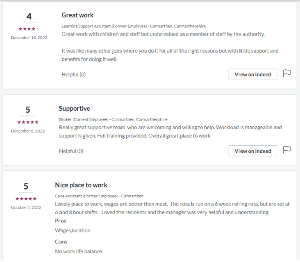 Reviews of 4 and 5 star from Indeed