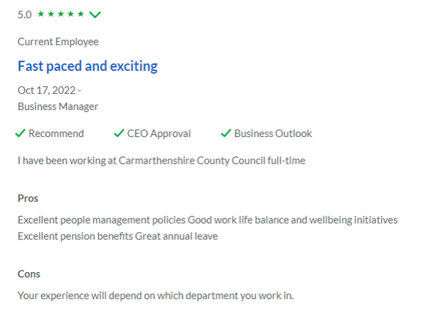 Employee review on Glassdoor 5 star review