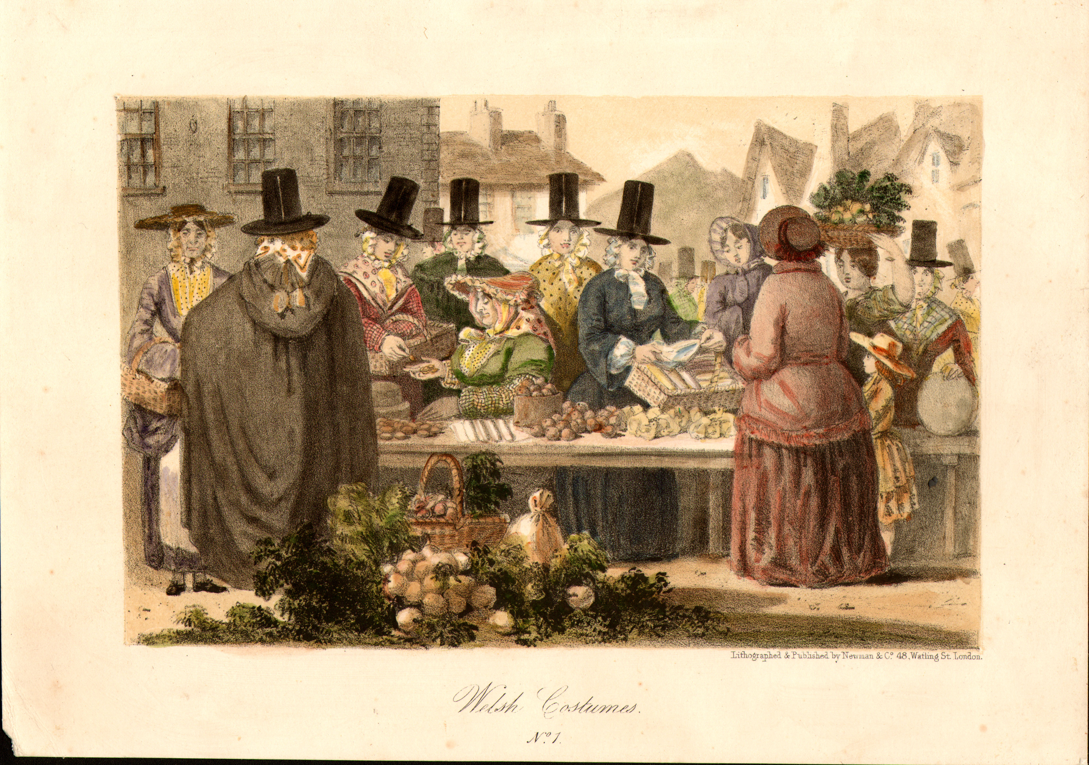 Coloured print of a group of 'Welsh ladies' at the market.
