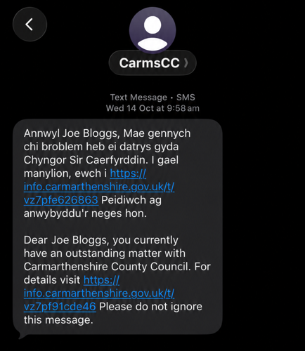 image of initial text message from Council Tax