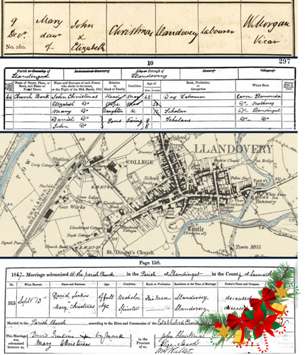 The image shows the baptism of Mary Christmas in 1838; the Christmas family living at Church Bank, Llandovery in 1851; a map of Llandovery in 1886; and the marriage of Mary Christmas and David Jenkins in 1867.
