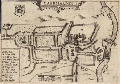 Map showing Carmarthen town in the 17th century. Includes the castle, town walls and gates.