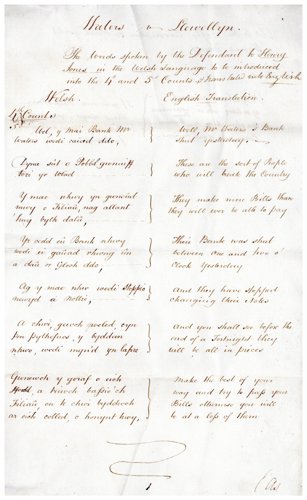 Testimony of the defendant, Mr Llewellyn, with Welsh on the one side and the English translation on the other.