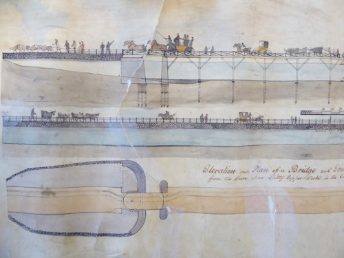 Partial illustrations of the elevation and plan of bridge with hand-drawn figures of sheep, horses, and carriages, as well as other figures.
