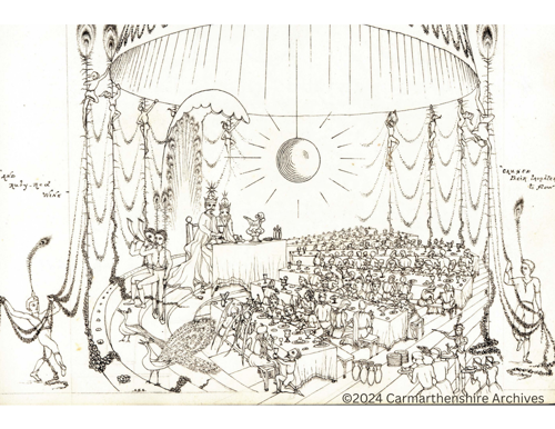 Image depicting an enchanting banquet scene with a king and queen at the high table with arial acrobats, peacocks, trumpet players, and mythical winged creatures dining.