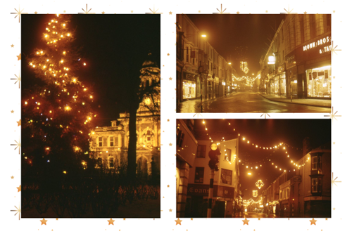 Collage of three photographs: the first features a brightly lit Christmas tree with Llanelli Town Hall in the background; the second and third show Llanelli High Street illuminated by festive lights.