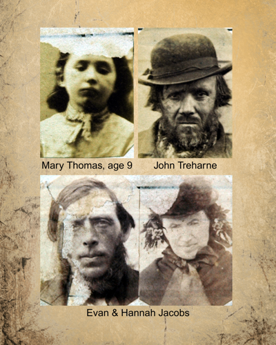 A series of four mugshots; a little girl, middle-aged man, and a husband and wife.