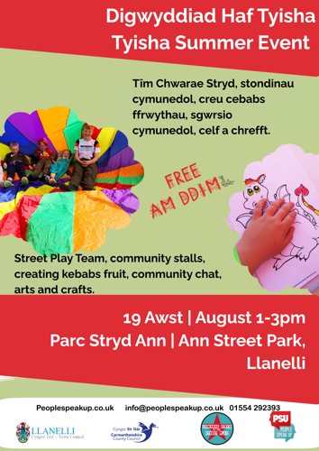 Digwyddiad Haf Tyisha | Tyisha Summer Event. Tim chwarae stryd, stondinau cymunedol, creu cebabs ffrwythau, sgwrsio cymunedol, celf a chrefft. Street Play Team, community stalls, creating kebabs fruits, community chats, arts and crafts.,