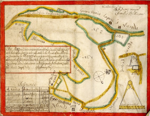 An old-style map with green and yellow outlines marking specific areas.
