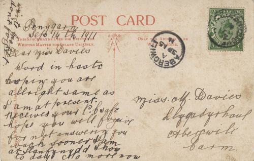 Postcard view of Pantglas, Golden Grove, Llandeilo addressed to Miss M Davies of Abergwili.