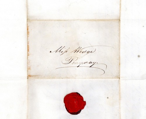 Reverse of the letter with a red wax seal that reads “Miss Wedge [Penyvay]”.