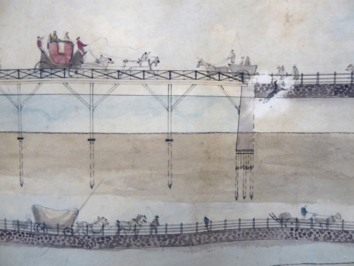 Partial illustrations of the elevation and plan of bridge with hand-drawn figures of sheep, horses, and carriages, as well as other figures.
